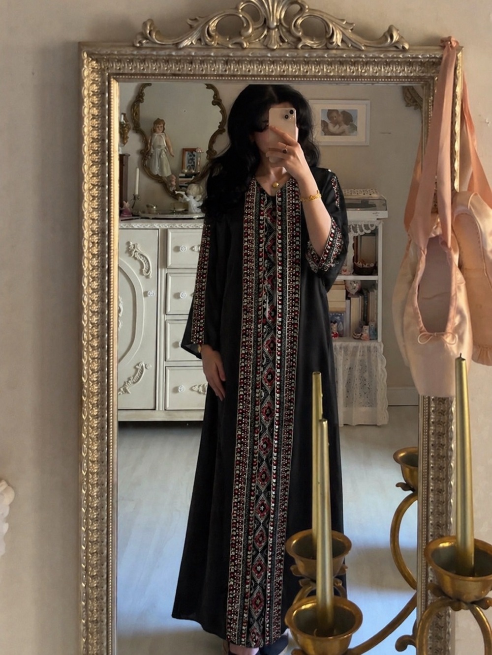 Black Embroidered Maxi Dress Abaya with Geometric Trim